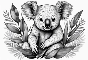 a koala sitting on wattle and eucalyptus leaves tattoo idea
