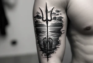 trident with bare feet half way under calm water at sunset tattoo idea