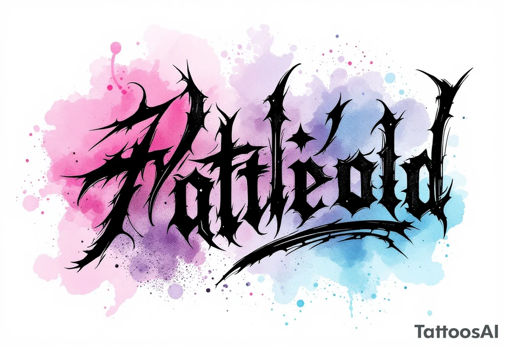 Black ink lettering with a watercolor background blending soft pink, lavender, and sky blue. tattoo idea