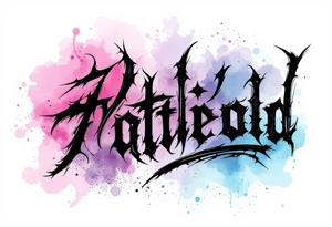 Black ink lettering with a watercolor background blending soft pink, lavender, and sky blue. tattoo idea
