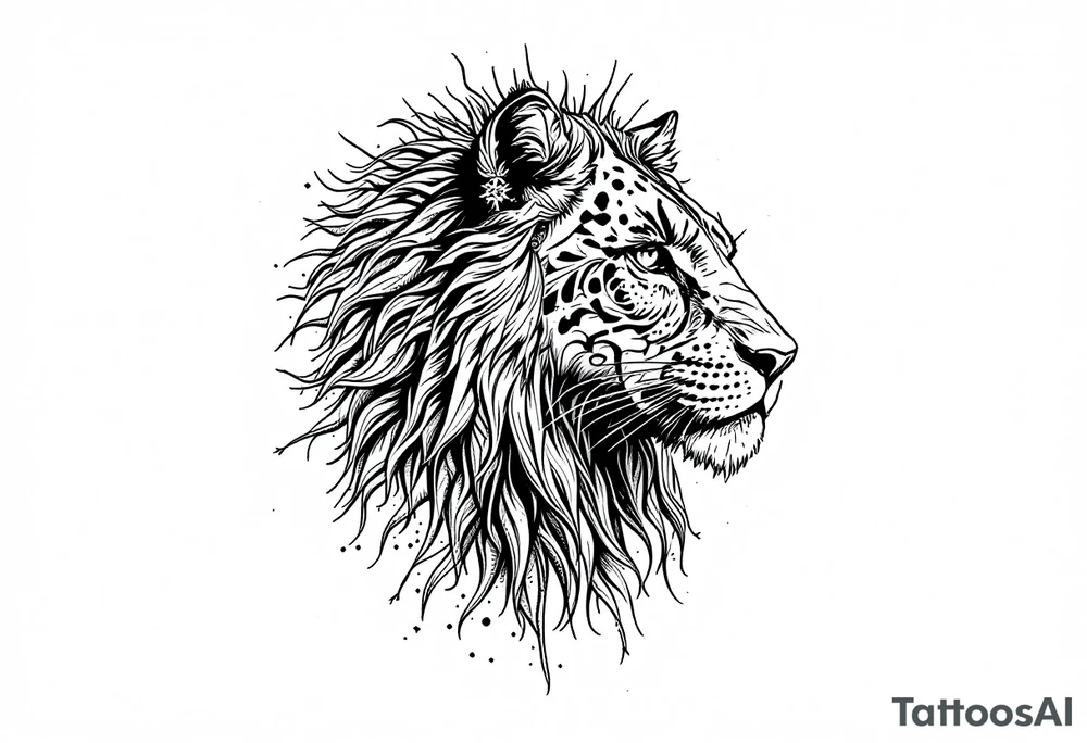 a mix the nemean lion, ancient Egyptian and roman royalty, and a leopard, combined with the sun and French pattern, facing left in profile tattoo idea