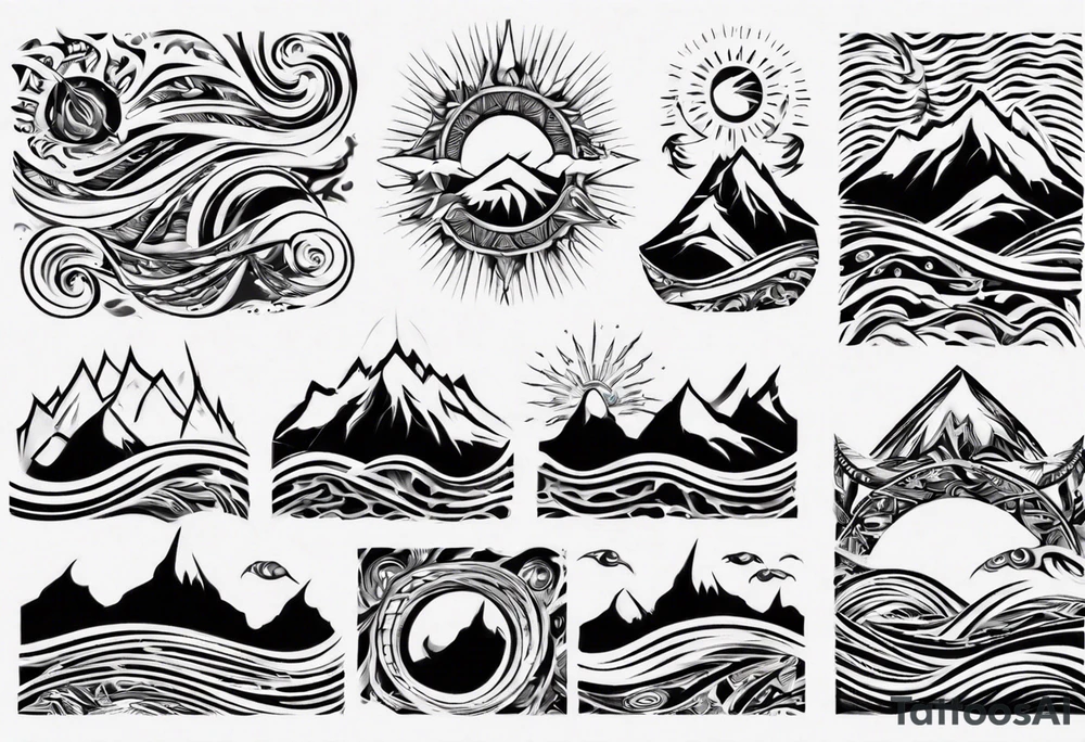 sleeve, mountains, waves, sun tattoo idea