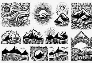 sleeve, mountains, waves, sun tattoo idea