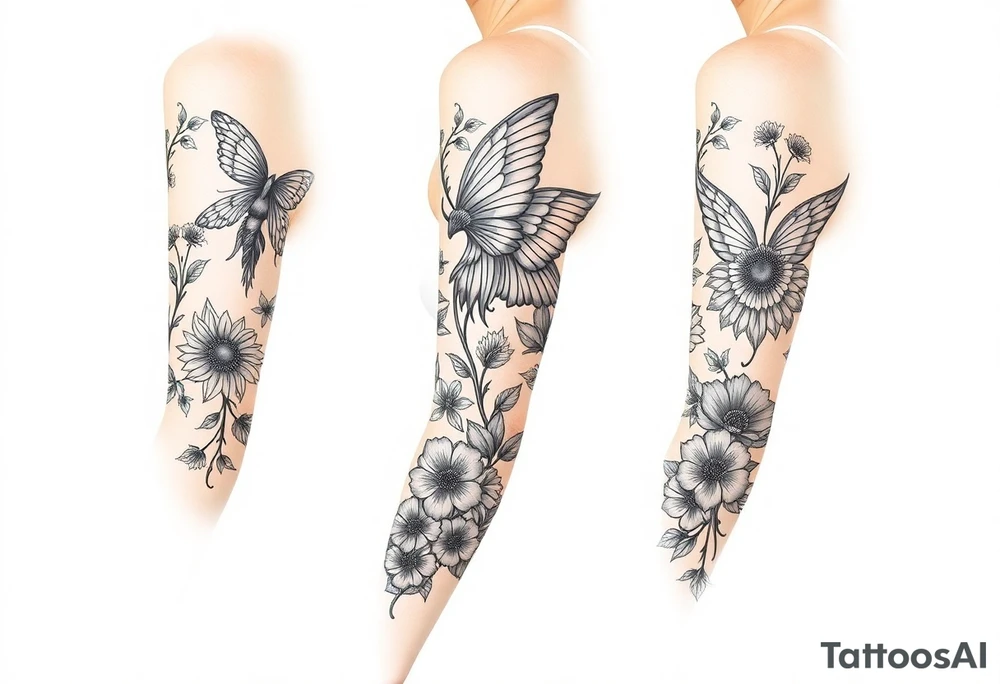 Magical mythical animal sleeve with fairies and flowers tattoo idea