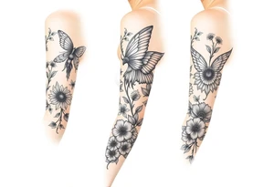 Magical mythical animal sleeve with fairies and flowers tattoo idea