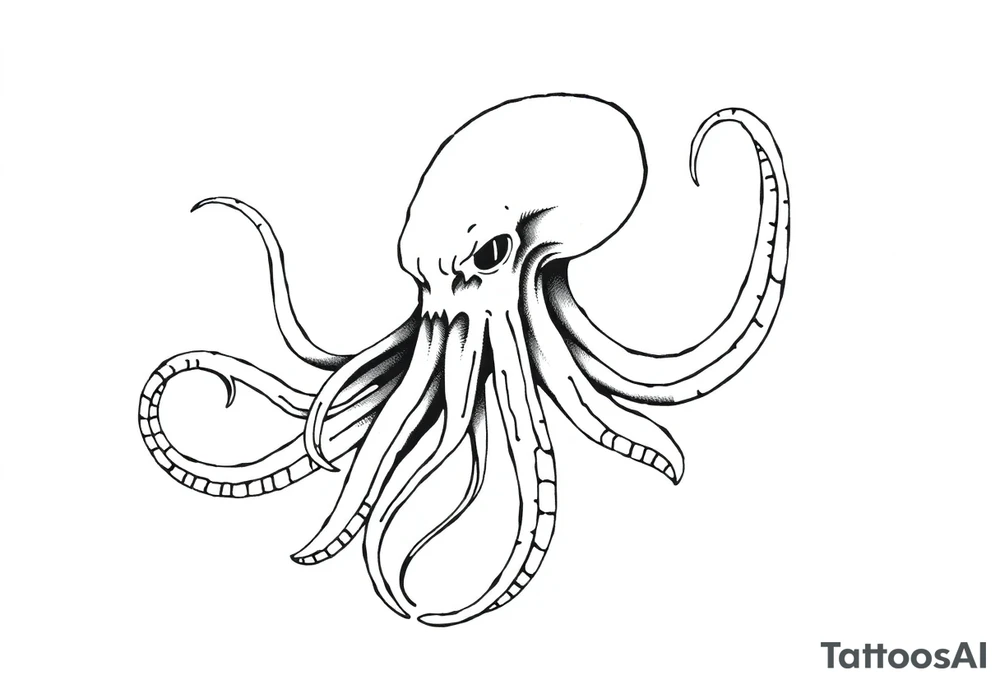 A minimalist blackwork tattoo design of an evil kraken The kraken is viewed from a 45-degree angle facing left, with its head centered. The tentacles extend only to the left and right, with none going downward beneath the head. the tentacles are quite long reaching to the left and right. The style is clean, fine-line detailing with bold outlines, avoiding heavy shading. The tentacles should be fluid, aggressive, and striking, enhancing the menacing and eerie look of the kraken while maintaining a cohesive design for a tattoo sleeve. tattoo idea