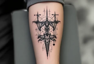 deux corneille
 noir une 
épée un crane et un coeur sur avant bras tattoo idea