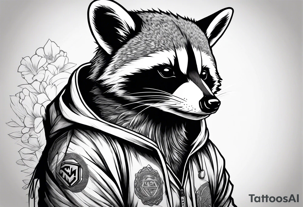 raccoon wearing a Superman hoodie tattoo idea