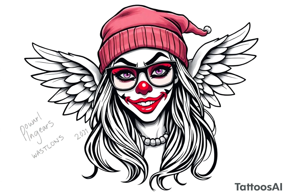 beautiful long hair Clown Girl thug beanie eyeglasses angel wings smoke tattoo idea