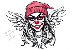 beautiful long hair Clown Girl thug beanie eyeglasses angel wings smoke tattoo idea