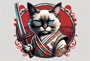 Siamese samurai cat holding a rusty katana tattoo idea