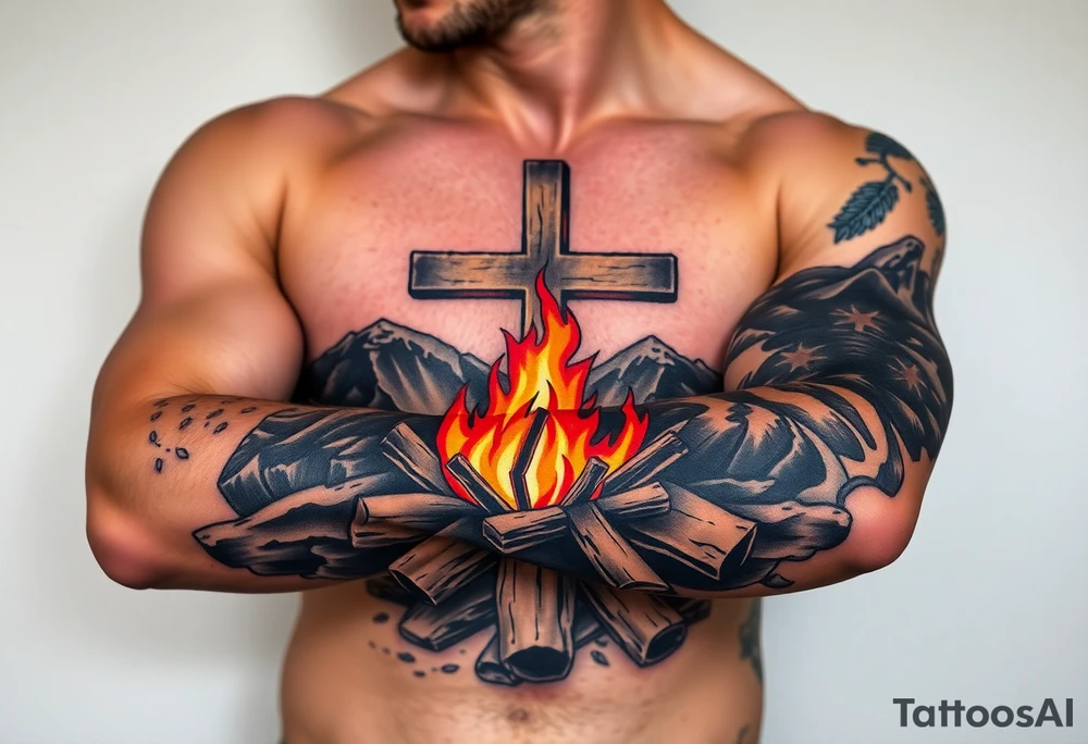 Campfire with cross include the great outdoors and night sky make sure cross doesn't look like it is on fire tattoo idea