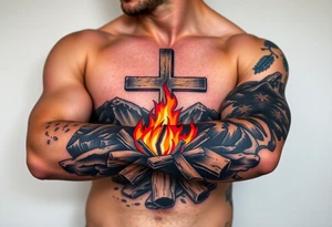 Campfire with cross include the great outdoors and night sky make sure cross doesn't look like it is on fire tattoo idea