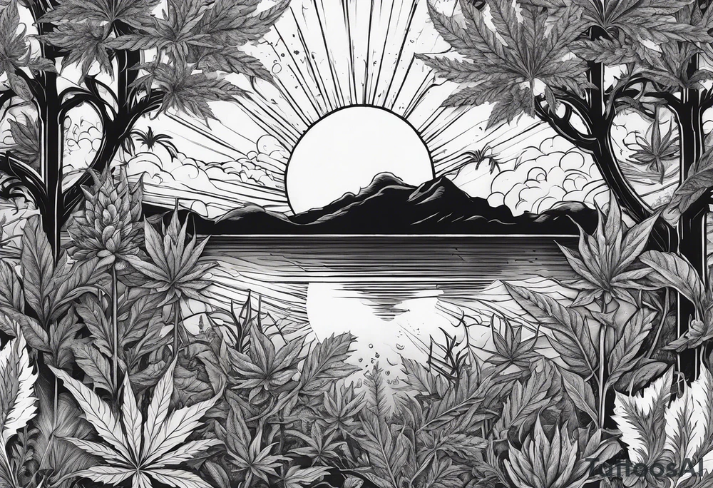 Eclipsed sun with negative space, cannabis plants and other forest botanicals tattoo idea