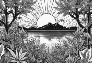 Eclipsed sun with negative space, cannabis plants and other forest botanicals tattoo idea