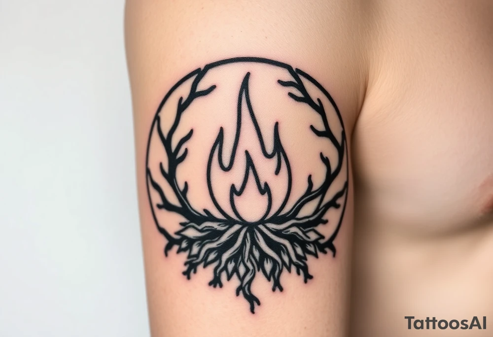 a round flame imprisoned in a roots circle tattoo idea