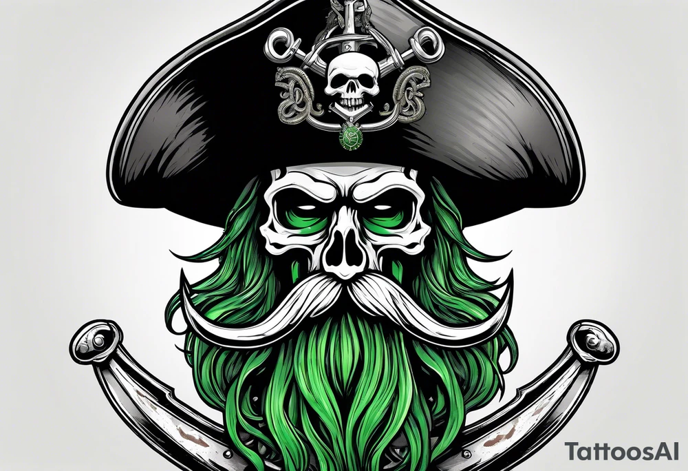 green pirate squid holding sword and anchor, black hat, beard tattoo idea