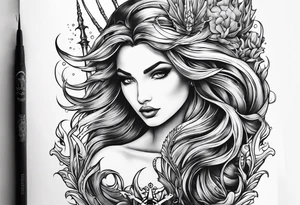 mystical mermaid
 trident underwater tattoo idea