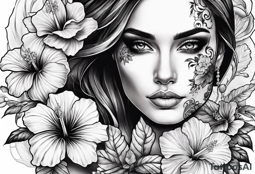 female skeleton with hibiscus flower tattoo idea