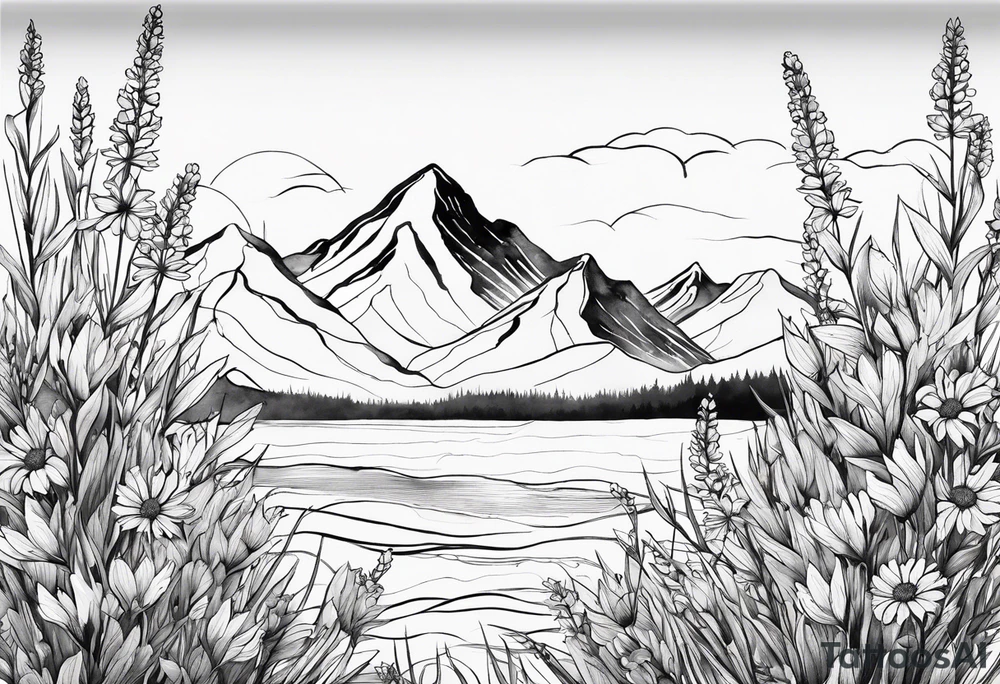 straight line - wildflower in watercolor represents overcoming challenges & strength - mountains, waves with a little sunshine tattoo idea