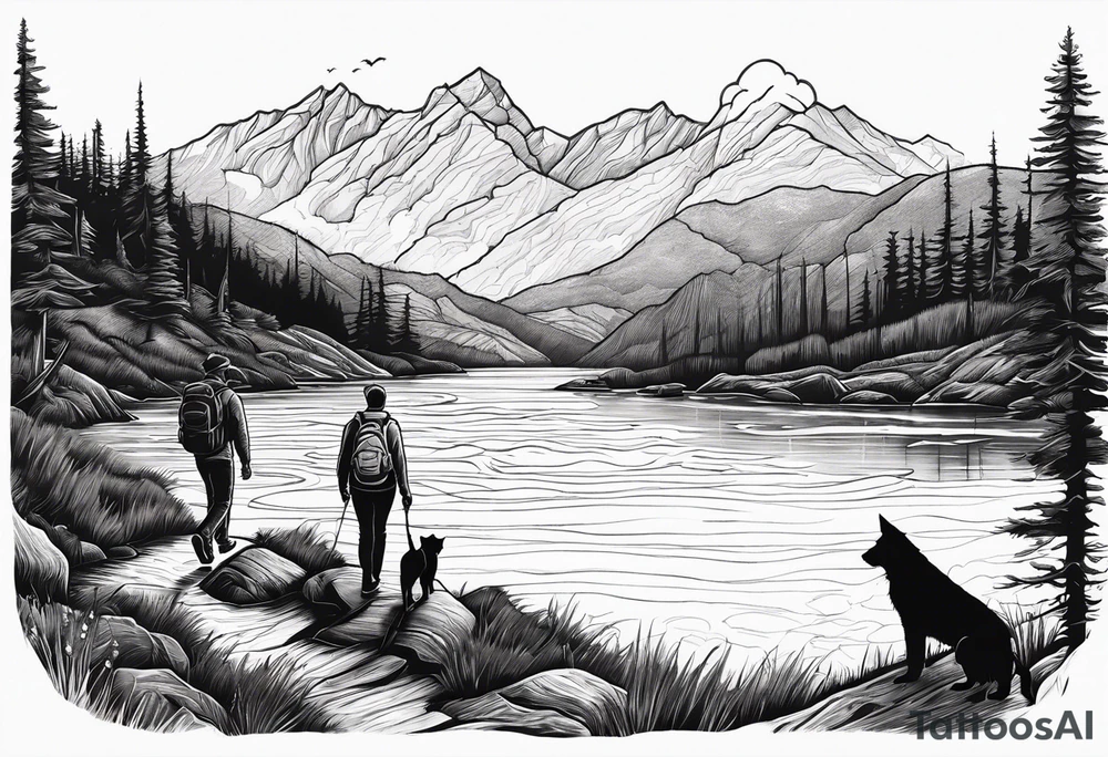 nature, sunset, mountains, a father and son hiking with their dog and cat by the water and a cross in the distance tattoo idea