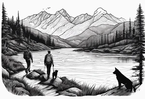 nature, sunset, mountains, a father and son hiking with their dog and cat by the water and a cross in the distance tattoo idea