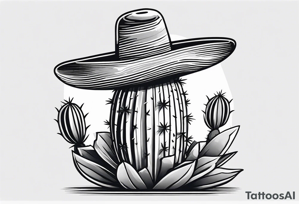 Cactus wearing a sombrero black and grey tattoo idea