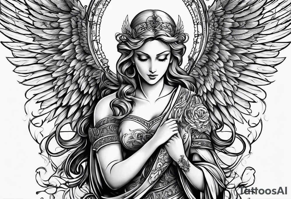 Right wing of an angel wrapping the nam written in gothic letters. tattoo idea