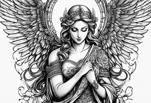 Right wing of an angel wrapping the nam written in gothic letters. tattoo idea