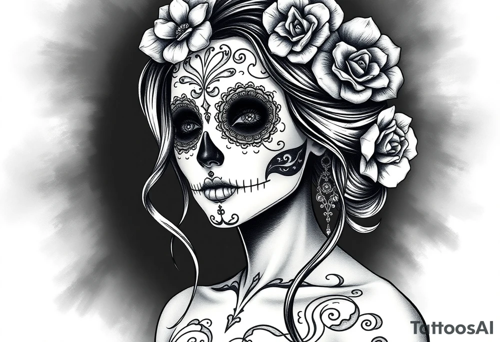 Beautiful woman sugar skull dark background tattoo idea