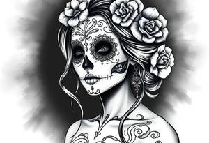 Beautiful woman sugar skull dark background tattoo idea