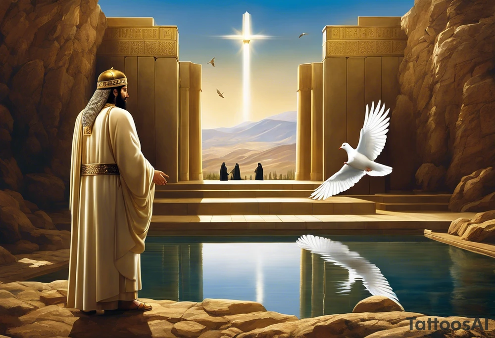A surreal and dramatic scene featuring two figures: Cyrus the Great and Jesus Christ, standing side by side. The tomb of Cyrus the Great is in the background, partially visible, symbolizing history and legacy. A white dove is flying gracefully above or near them, symbolizing peace. The image is integrated seamlessly to create a powerful and unified visual representation. The composition should evoke a sense of reverence, unity, and tranquility. tattoo idea