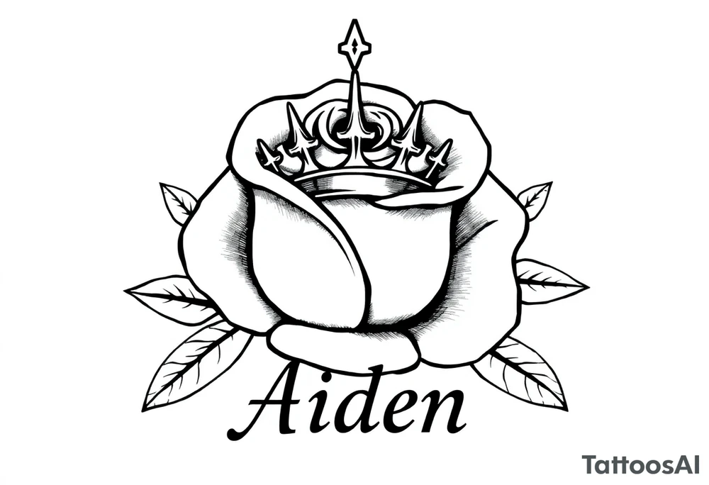 A Rose with a kings crown on it the name Aiden Infront of it bold tattoo idea