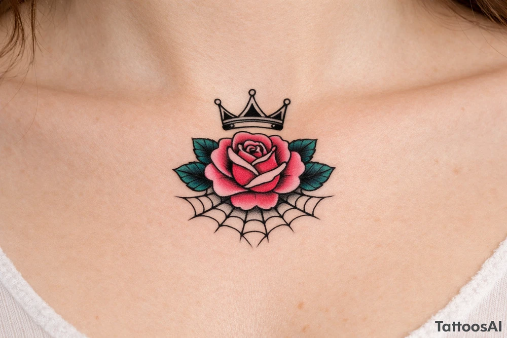 Pink and petrol rose , petrol leaves no stem, minimalist crown above it, crown is black and white and has no gems, crown has three spikes , spider web beneath tattoo idea