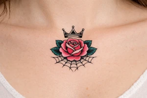 Pink and petrol rose , petrol leaves no stem, minimalist crown above it, crown is black and white and has no gems, crown has three spikes , spider web beneath tattoo idea