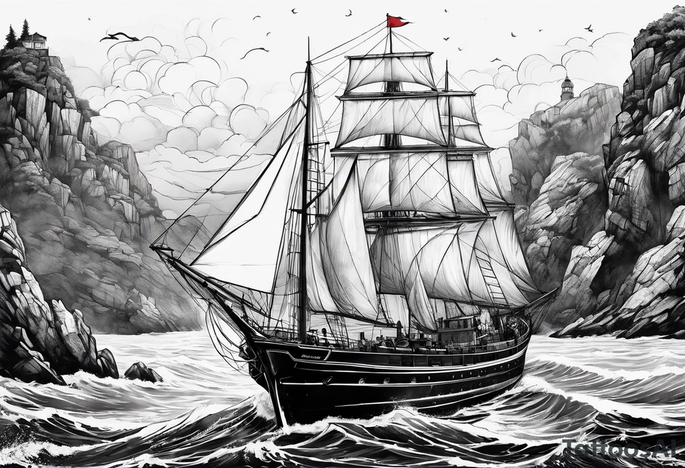 phare maritime dans un bateau a voiles. tattoo idea