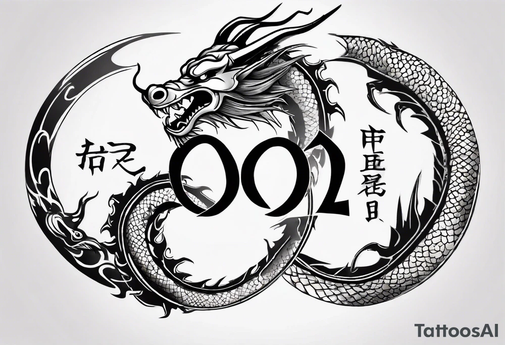 Chinese dragon in a circular shape with "02.03" written on its skin tattoo idea