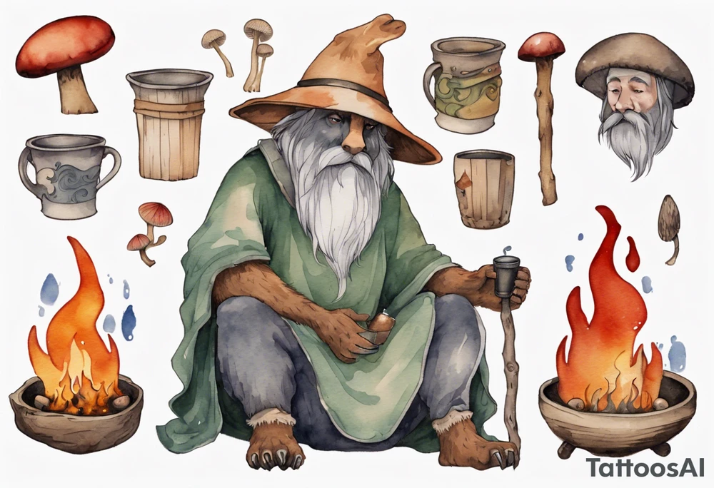 a medieval bear-human hybrid with a long grey beard wearing a tunic and a floppy mushroom hat sitting by a fire drinking from a wood cup tattoo idea