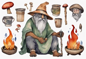 a medieval bear-human hybrid with a long grey beard wearing a tunic and a floppy mushroom hat sitting by a fire drinking from a wood cup tattoo idea