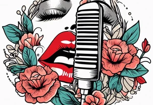 old school traditional vintage style design of lips singing into microphone with vintage flowers surrounding it tattoo idea