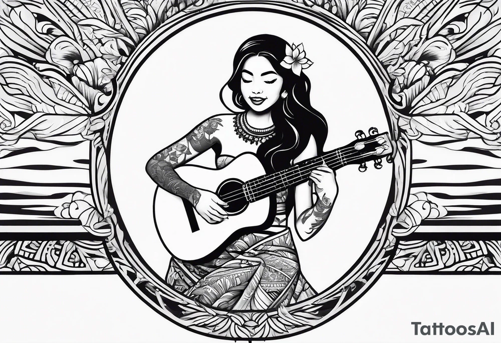 hula girl squating and dance with ukulele tattoo idea