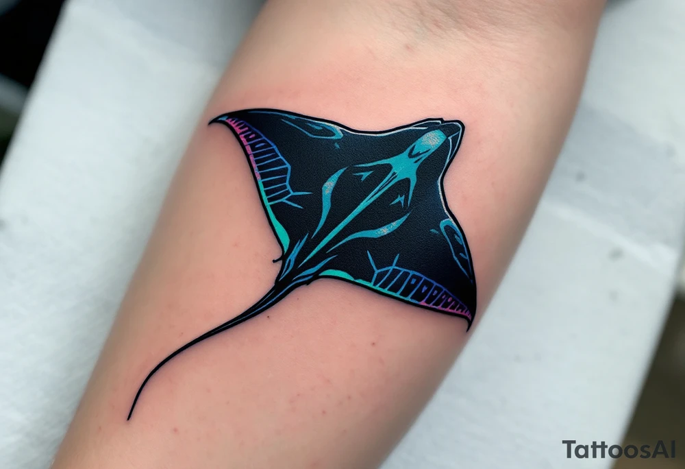 ChatGPT řekl:
A majestic ray fish with a velvety black back and an iridescent teal underside soars through the ocean, its wide, wing-like fins outlined in electric blue and trailing elegant ripples of light. tattoo idea