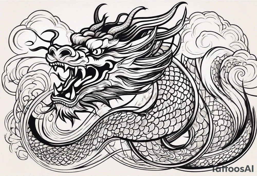 Create a detailed sketch of a Chinese dragon tattoo. The dragon should be depicted in a dynamic, serpentine pose, with its body coiled and flowing gracefully. Emphasize its ornate features: long, sinuous body covered in intricate scales, powerful claws, and a fierce, expressive face with prominent whiskers and a beard. Include traditional Chinese elements like clouds or waves to enhance the composition. Use clean lines and bold shading to ensure the design is suitable for a tattoo, with a focus on capturing the dragon's majestic and mythical qualities tattoo idea