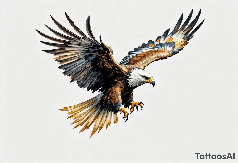 A soaring eagle with its talons extended, wings casting lifelike shadows in rich brown and golden hues. tattoo idea