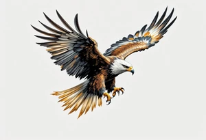 A soaring eagle with its talons extended, wings casting lifelike shadows in rich brown and golden hues. tattoo idea