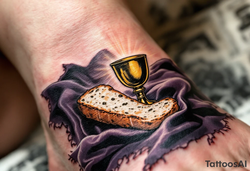The Sacrament of Communion – A golden chalice with a slice of bread resting on a deep purple cloth, surrounded by holy light. tattoo idea