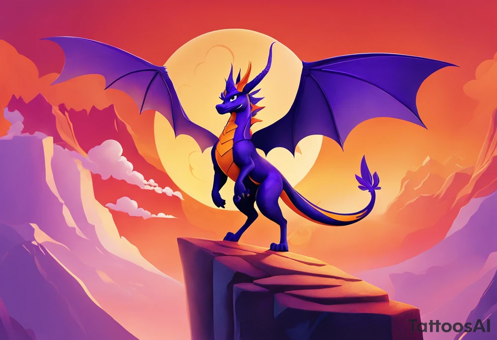 consider a dynamic scene featuring Nike from the Bella Sara trading cards as a majestic figure with flowing hair and armor. Incorporate elements from Spyro the Dragon, like his iconic wings and fiery breath, intertwining with Nike's movement. You could have Nike standing on a cliff with Spyro flying overhead, surrounded by ethereal landscapes reminiscent of both worlds. This combination would create a powerful and whimsical design, blending strength with fantasy. tattoo idea