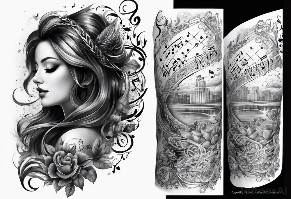upper arm sleeve with musical notes and lyrics from the song Everlong tattoo idea