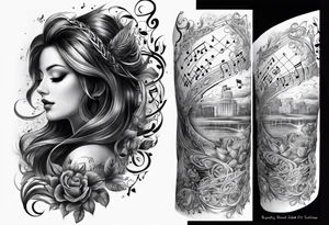 upper arm sleeve with musical notes and lyrics from the song Everlong tattoo idea