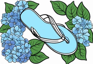 small tattoo of a single pastel blue flip flop surrounded by blue and periwinkle hydrangea flowers with green leaves tattoo idea